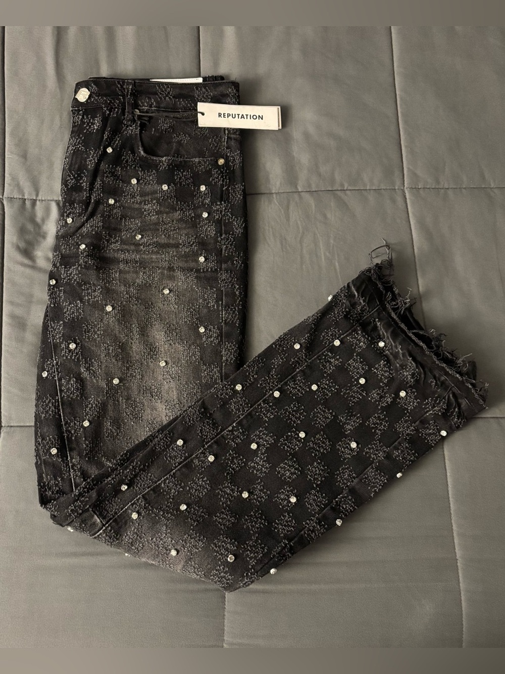 Reputation Studios Washed Black Rhinestone Flare Denim